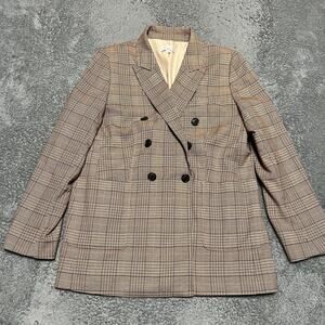 Loft Plaid Double Breasted Blazer Jacket Womens 14 Tan Long Coat